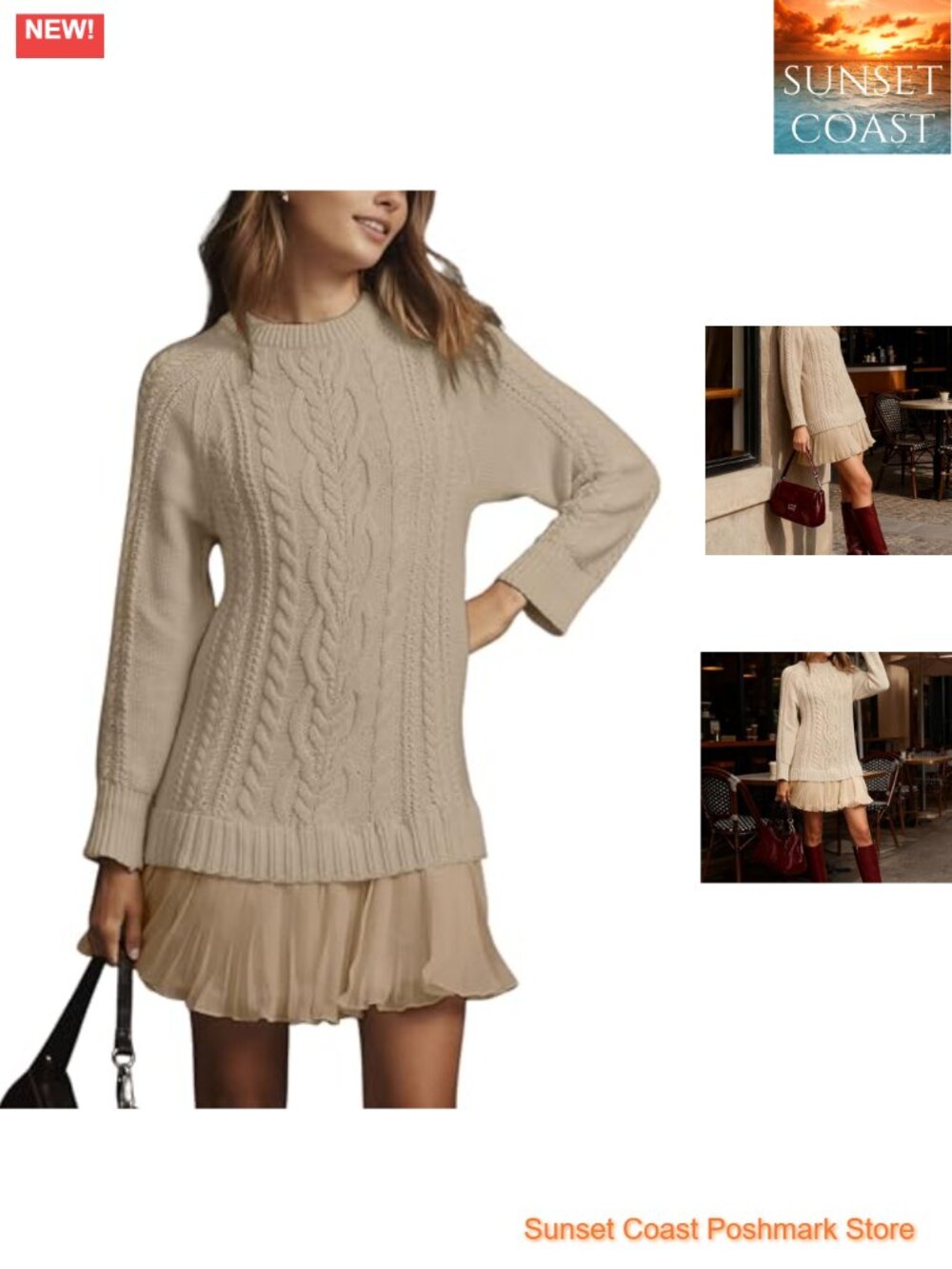 Cable Knit Sweater Mini Dress Crewneck Long Sleeve Pleated Twofer Style